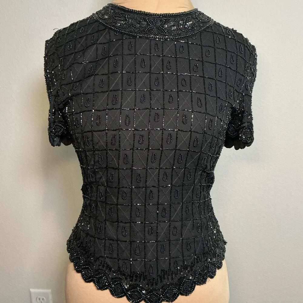 Vintage Black Beaded Short Sleeve Women's Top - Picture 2 of 12